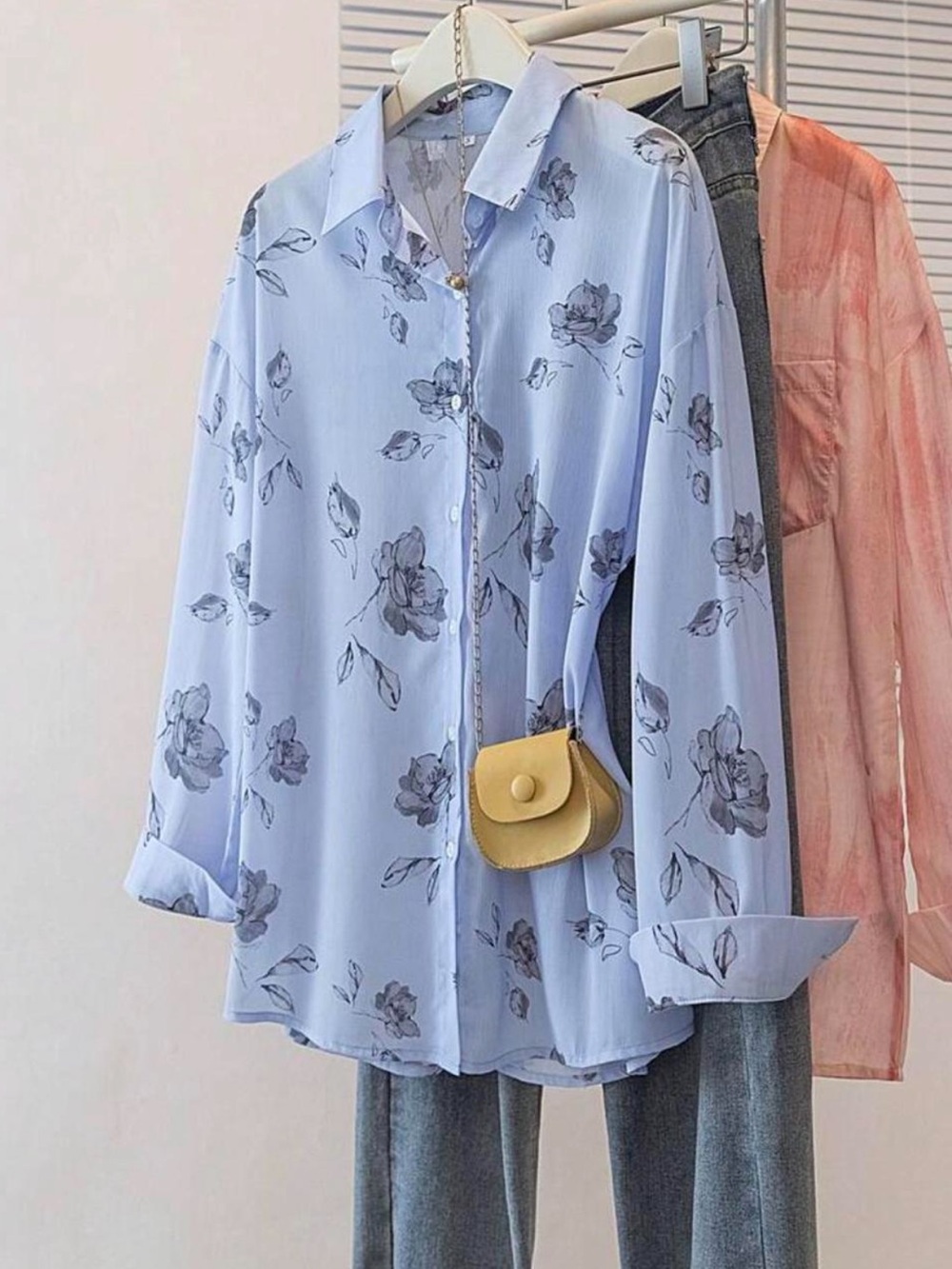 Light Blue Floral Button-Up Blouse - Elegant Women's Top